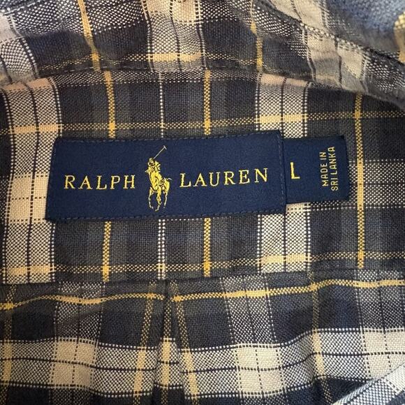 Polo Ralph Lauren Button Up Shirt Men’s Large Green Beige Blue Plaid Blue Pony - Picture 9 of 11